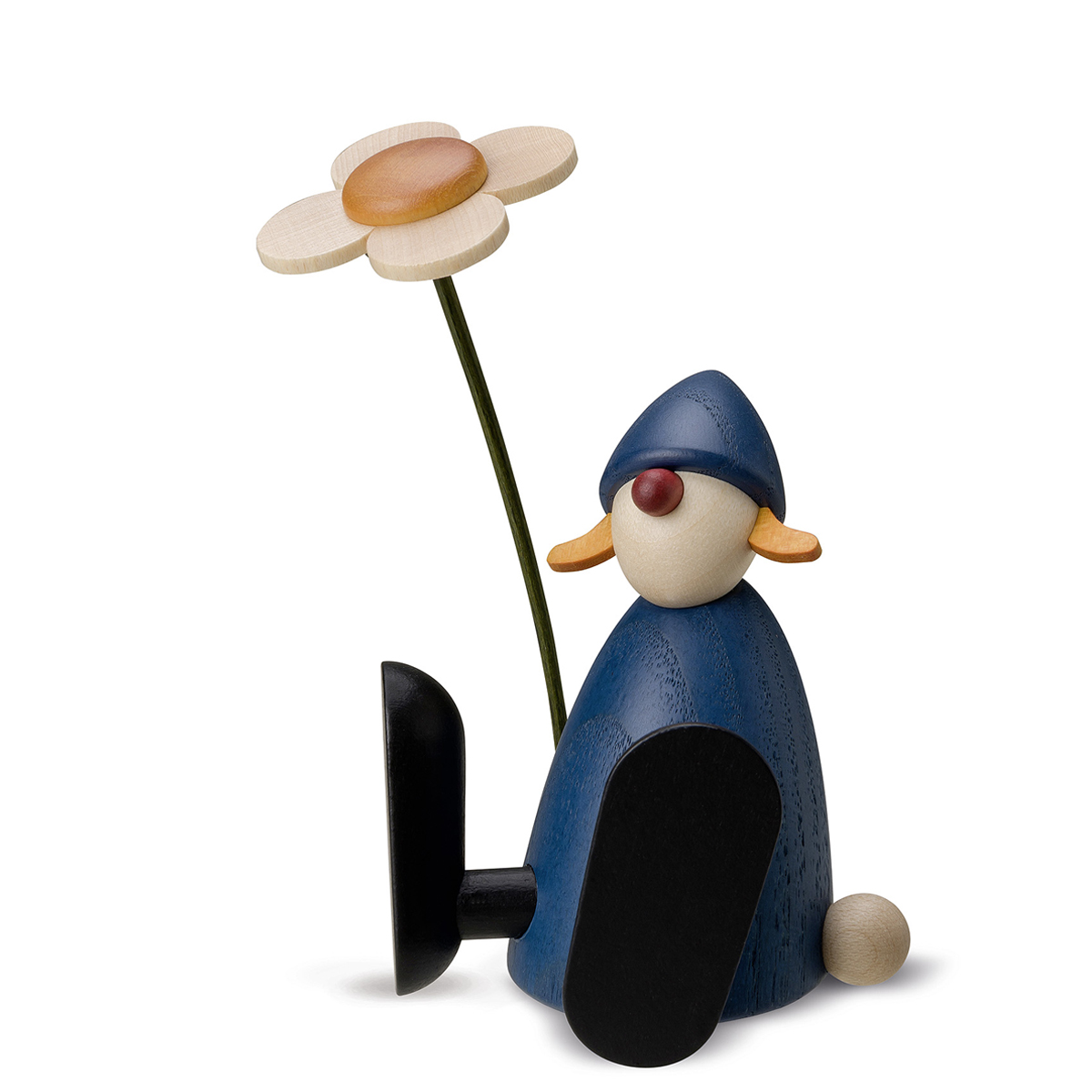 Gratulantin Lotta mit Blume, sitzend, blau