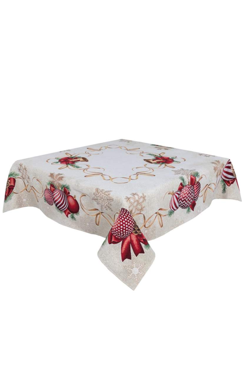 Tischdecke mit Gold-Lurex Design: rote Weihnachtskugeln  - 97x100 cm