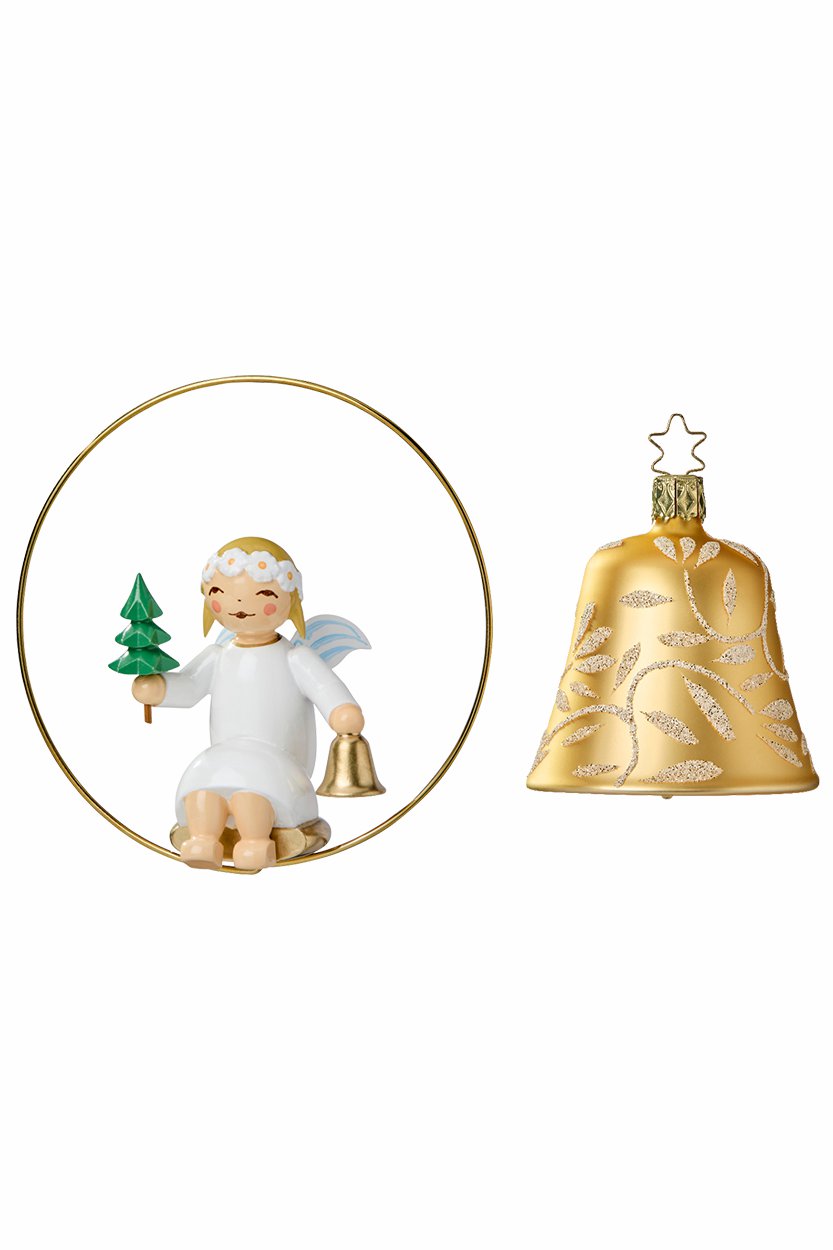 Margeritenengel im Ring mit Bäumchen und Glocke, Glasglocke gold Wendt und Kühn Margeritenengel im Ring mit Bäumchen und Glocke, Glasglocke gold Wendt und Kühn