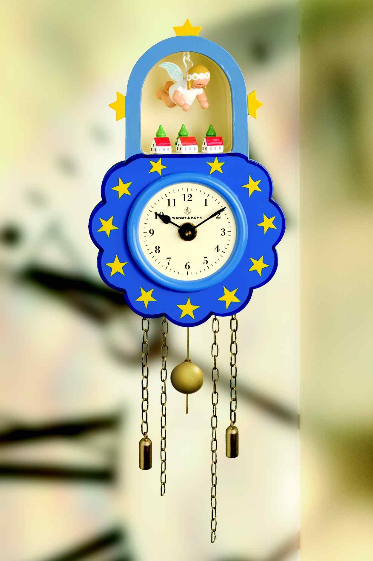 Wanduhr - blau - mit Mageritenengel