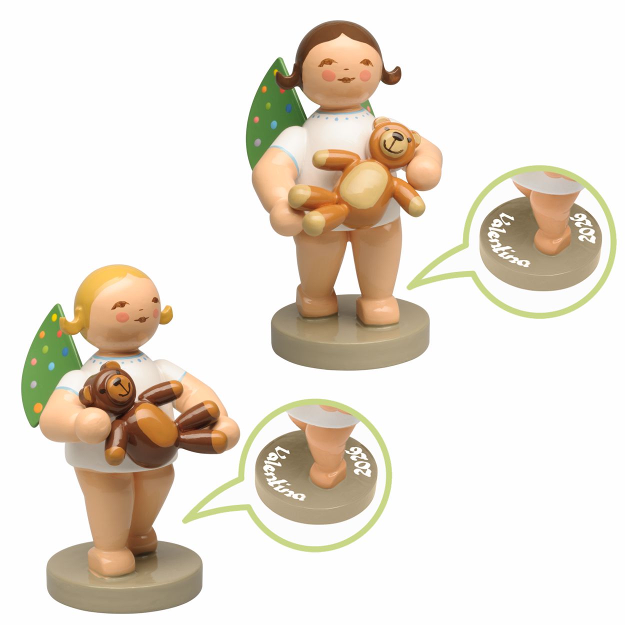 World Childhood Foundation Engel mit bunten Flügelpunkten und Teddy - mit Beschriftung - Haarfarbe egal