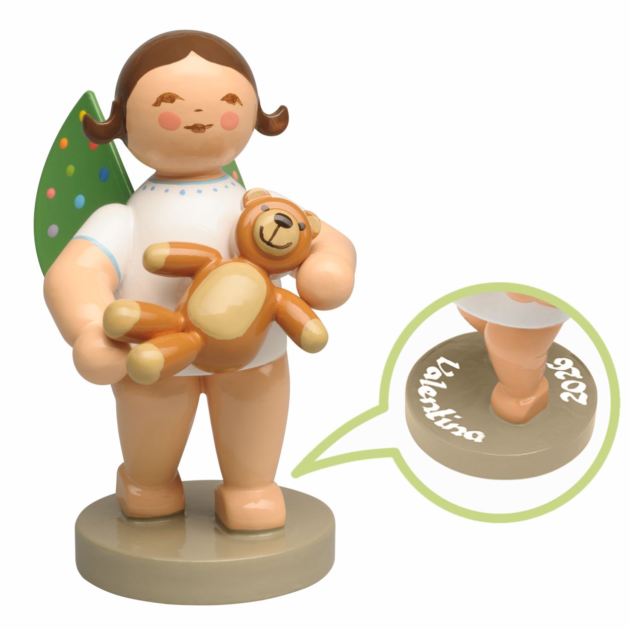 World Childhood Foundation Engel mit bunten Flügelpunkten und Teddy - mit Beschriftung - Haarfarbe dunkel