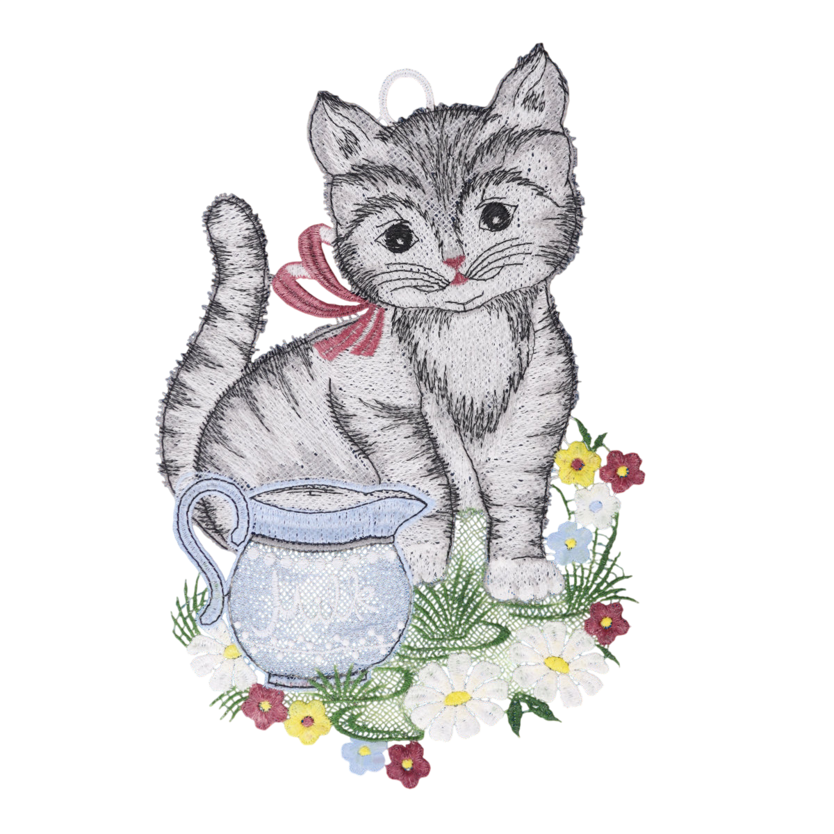 Fensterbild Katze mit Milchkrug - Plauener Spitze