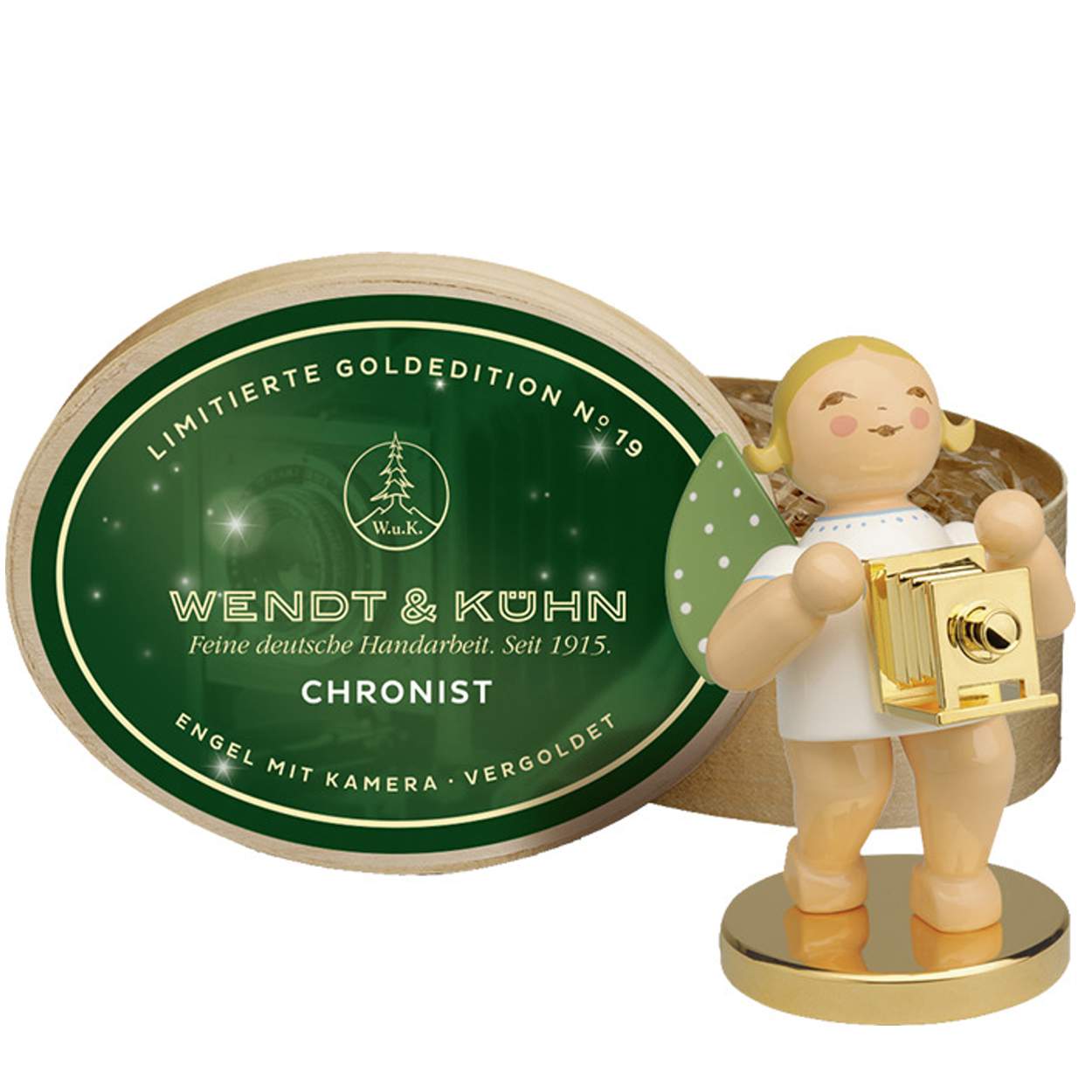 Chronist - Engel mit Kamera auf Metallsockel - limitierte Goldedition No 19 - Haarfarbe blond / Vorbestellung - Auslieferung: voraussichtlich im September 2026