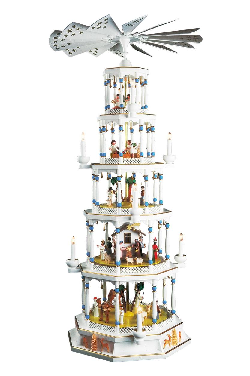 Elektrische Pyramide weiß mit Spieldose 123 cm - Fa. Richard Gläser GmbH Seiffen Elektrische Pyramide weiß mit Spieldose 123 cm - Fa. Richard Gläser GmbH Seiffen