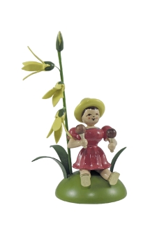 Blumenkind sitzend -  farbig Forsythie/Rumbakugel  Faltenrock - BKS 025